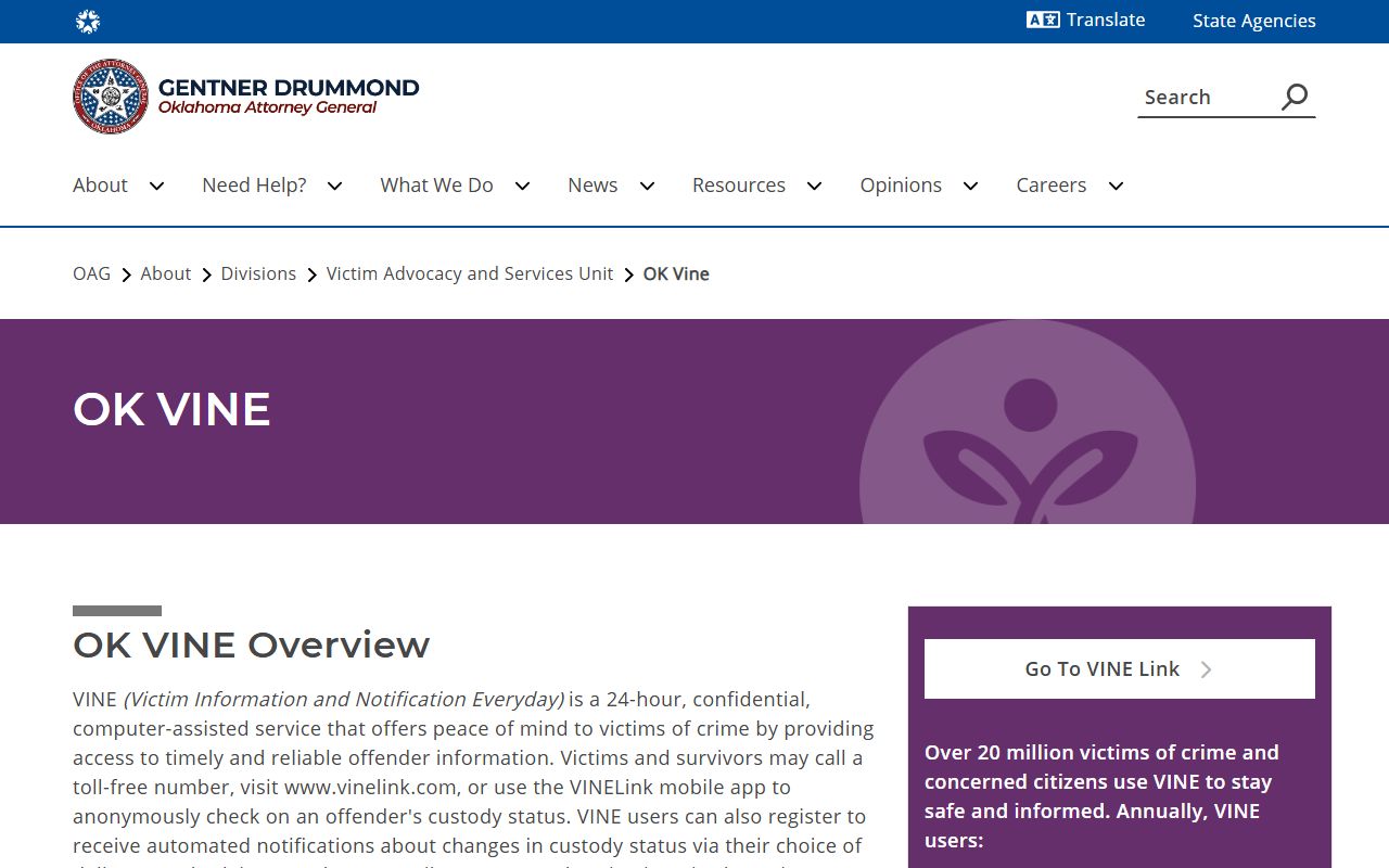 Oklahoma OK VINE page tied to Pittsburg County Court Clerk protective orders and case notifications