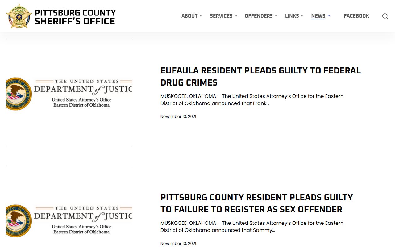 Pittsburg County Sheriff news page with the courthouse security update near the Pittsburg County Court Clerk