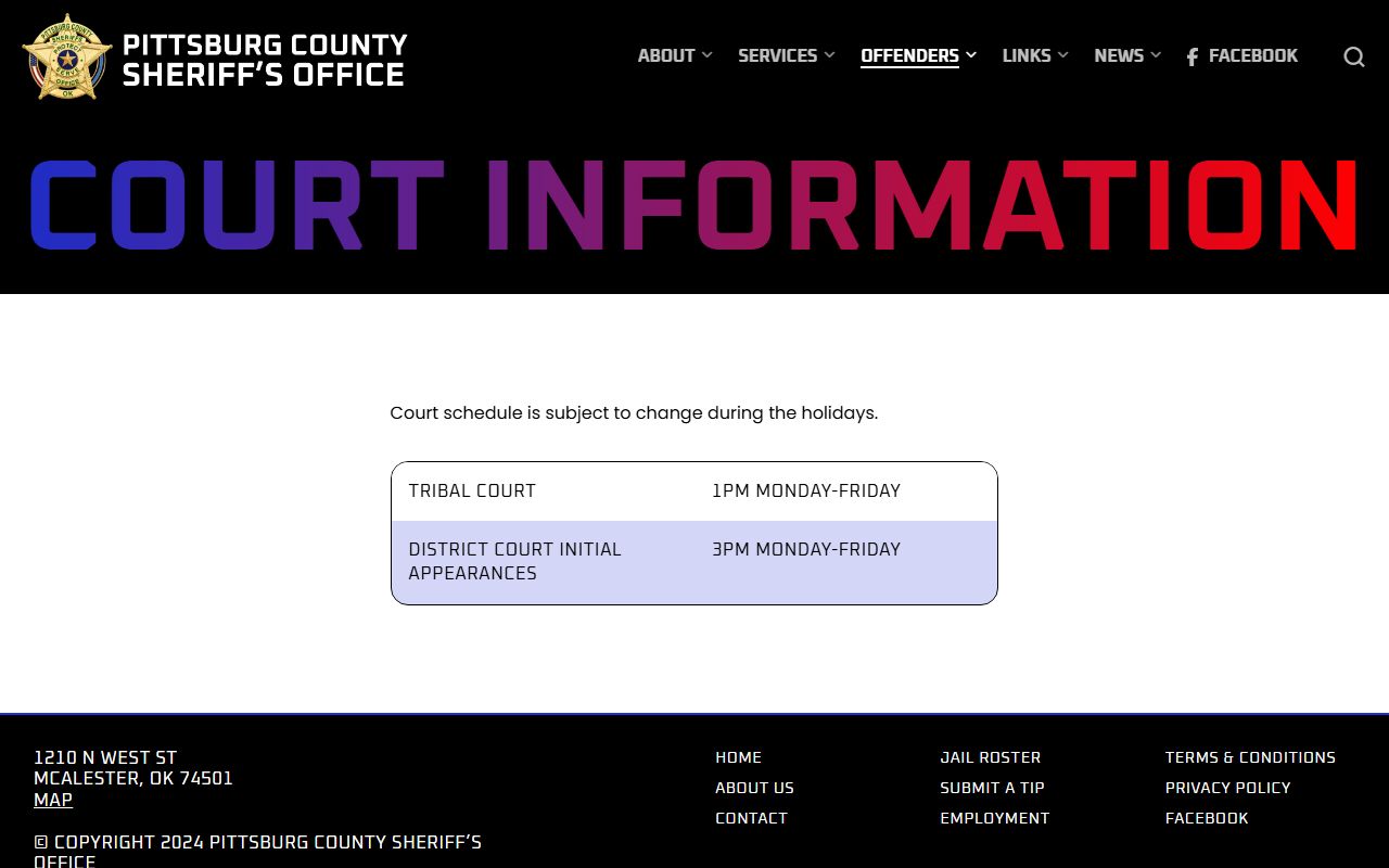 Pittsburg County court charges and the sheriff court information page