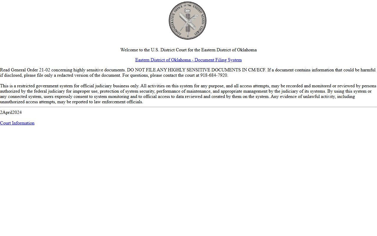 Eastern District of Oklahoma CM/ECF login used for federal court records near Pittsburg County
