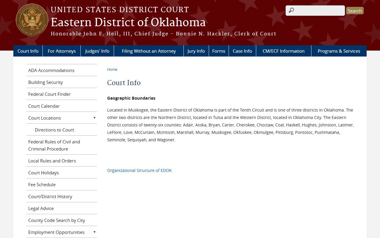 Eastern District of Oklahoma federal court that serves Pittsburg County District Court matters