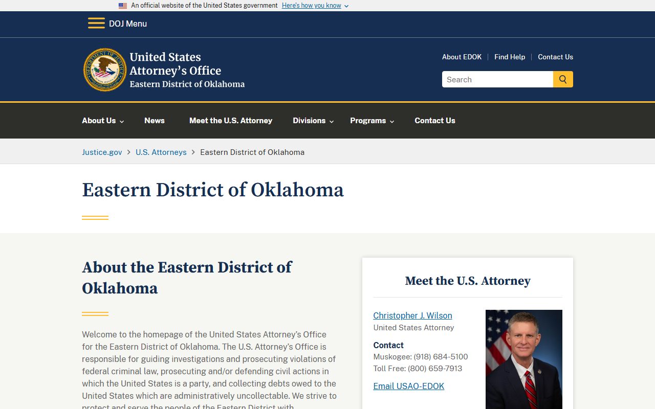 U.S. Attorney Eastern District of Oklahoma office that prosecutes federal cases near Pittsburg County