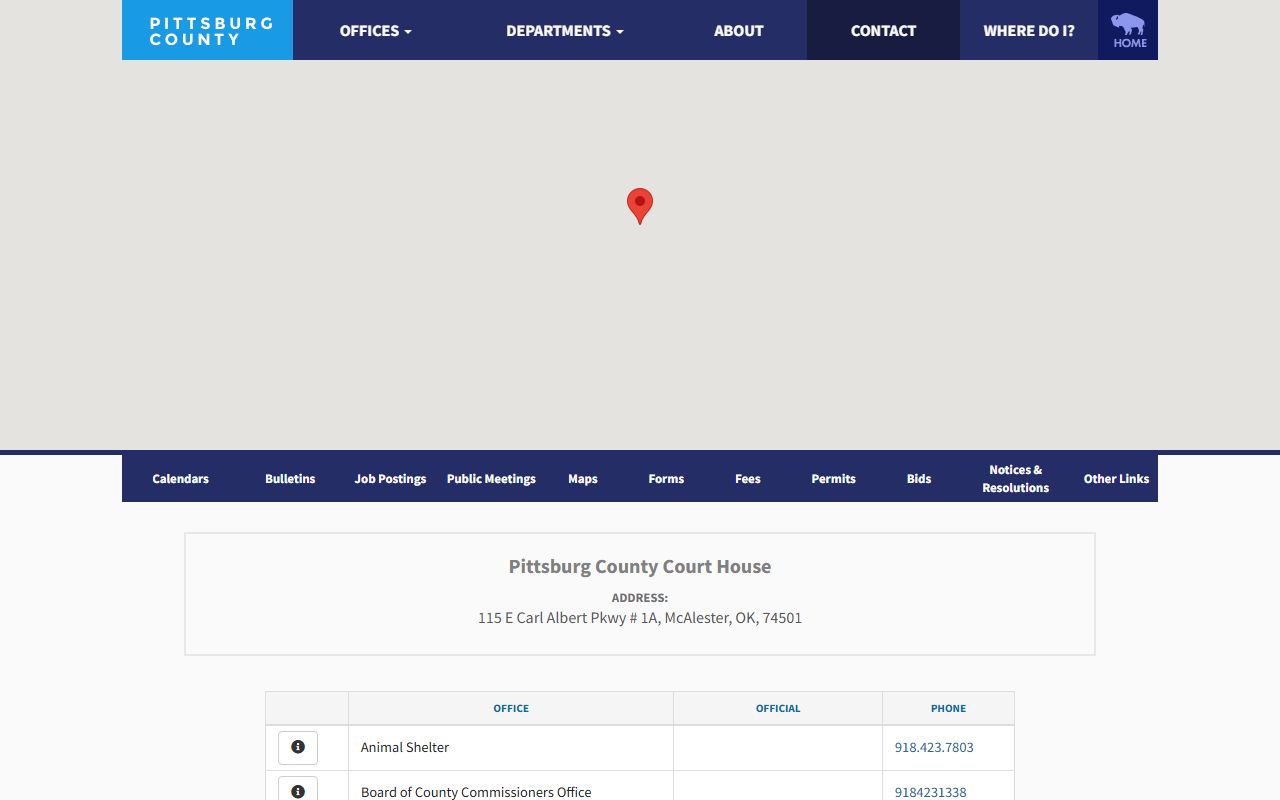 Pittsburg County contact directory with courthouse address and court office phone numbers