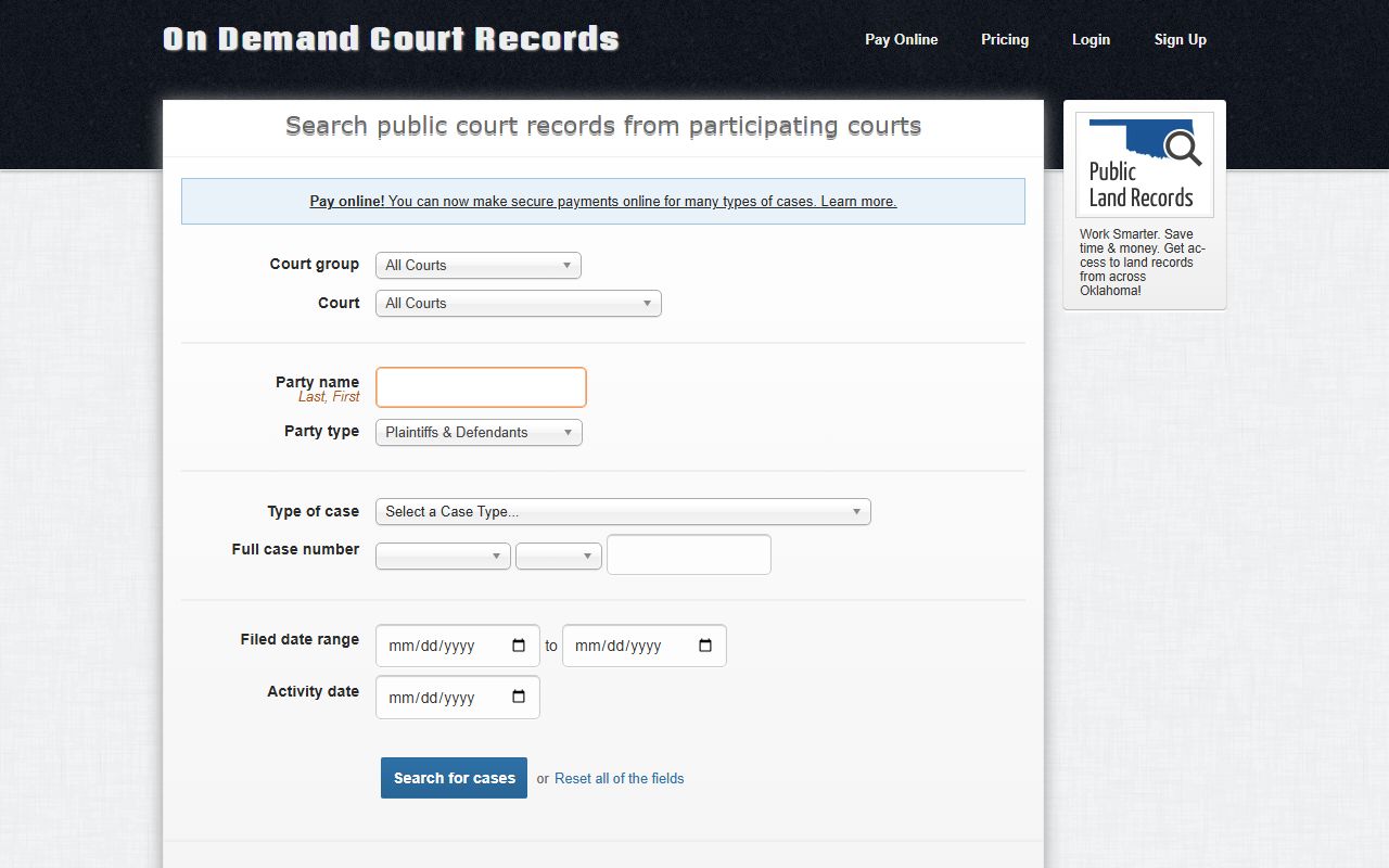 ODCR portal used to search Pittsburg County court records by case type