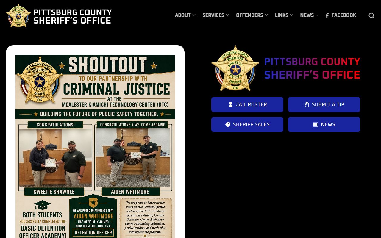 Pittsburg County Sheriff homepage with jail roster and inmate records links