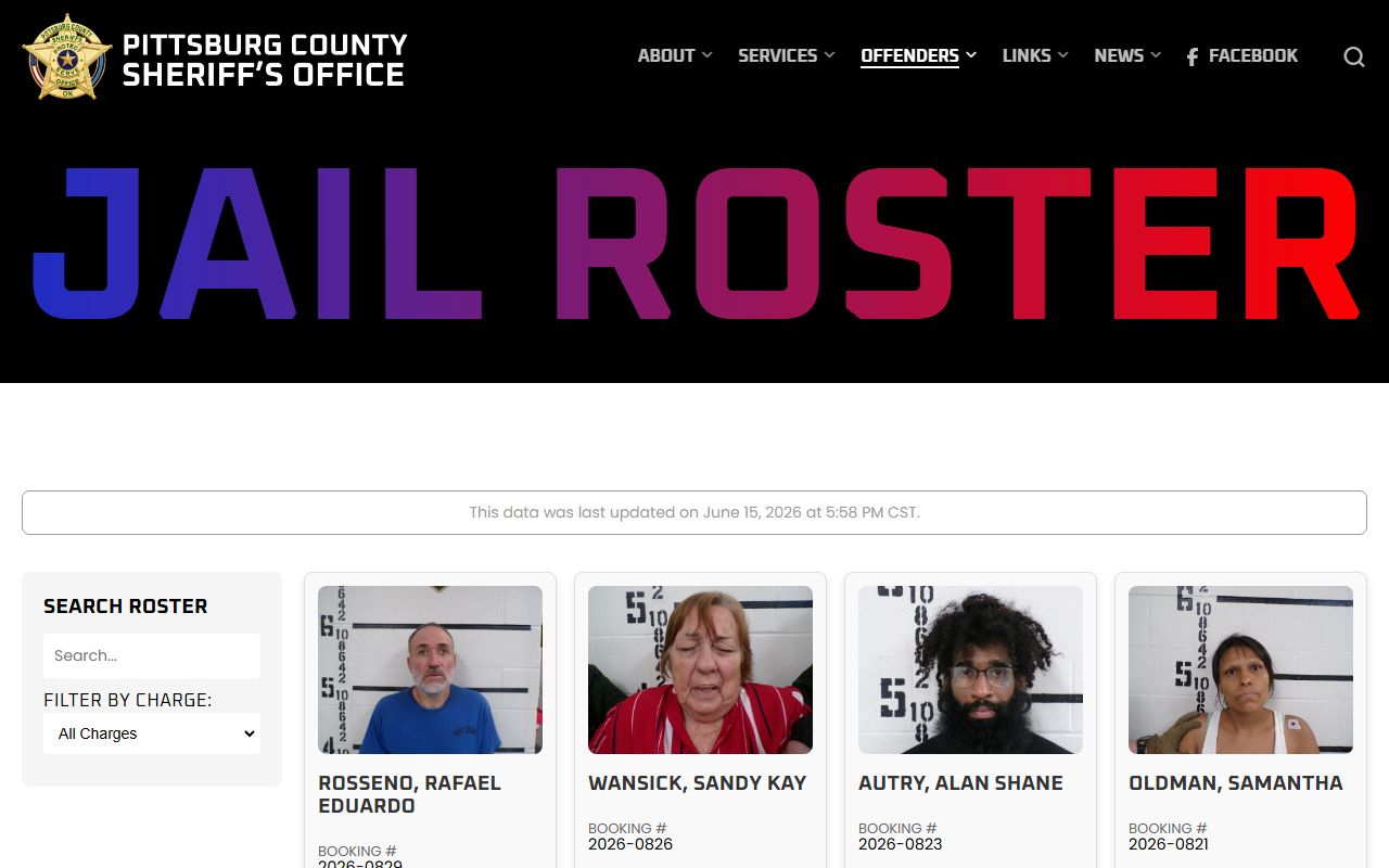 Pittsburg County jail roster page listing current inmate bookings