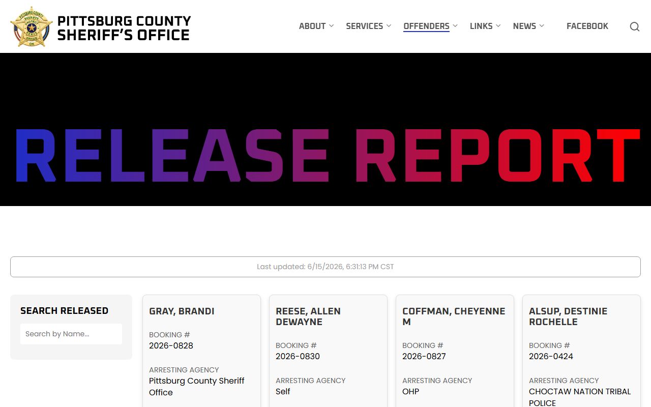 Pittsburg County jail release report page for recently released inmates