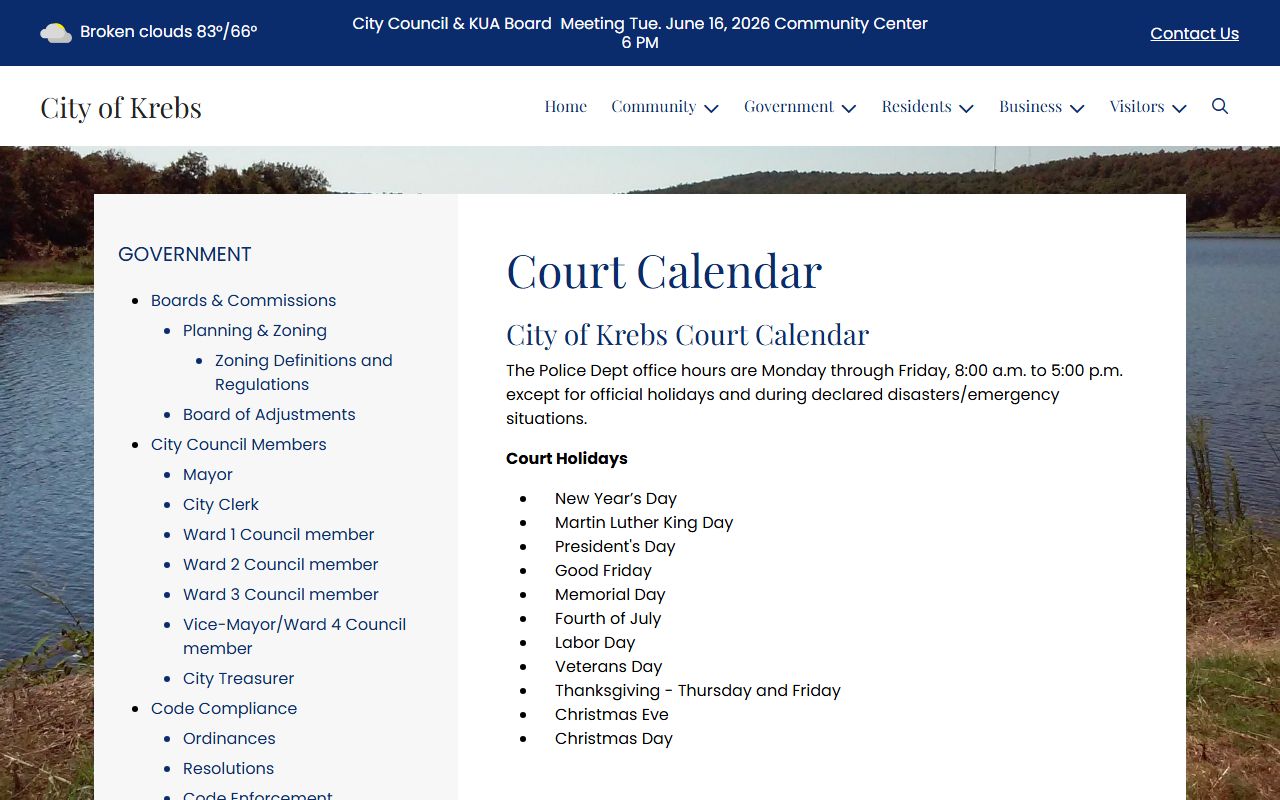 Pittsburg County warrant context on the Krebs city court calendar page