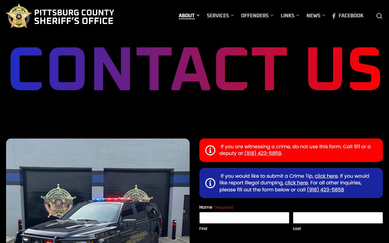 Pittsburg County warrant contact options on the Sheriff's Office page